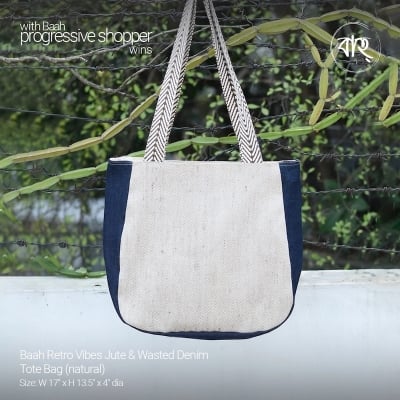 Picture of Baah Retro Vibes Jute & Wasted Denim Tote Bag (natural)-Multicolor