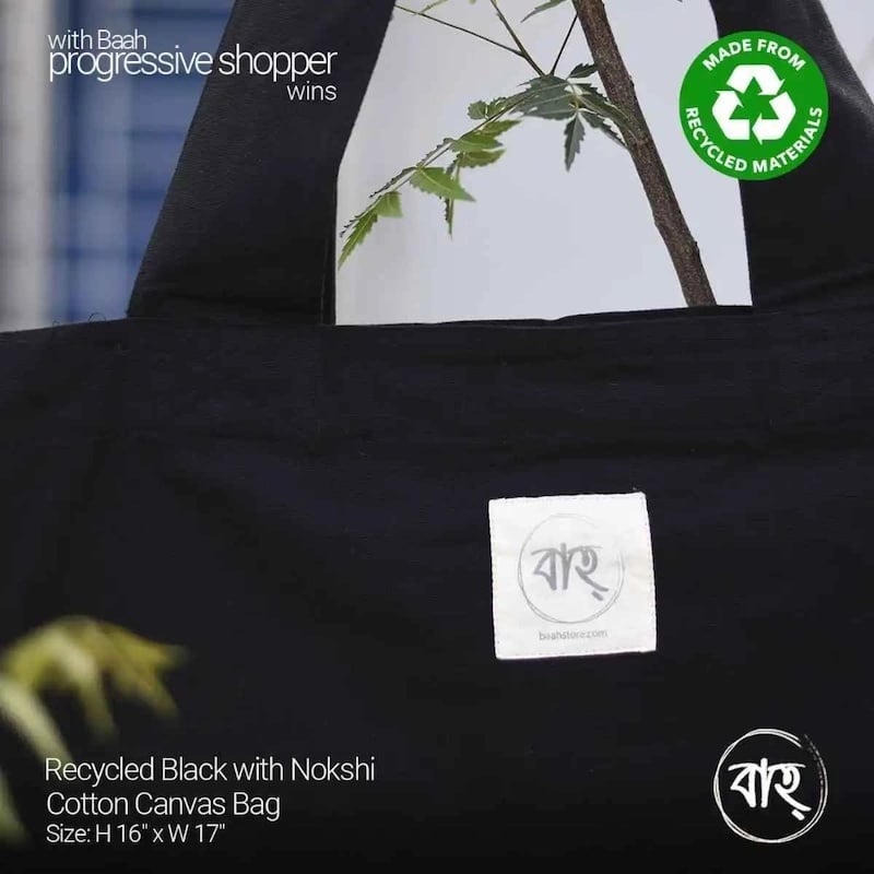 Picture of Recycled Black with Nokshi Cotton Canvas Bag-Black