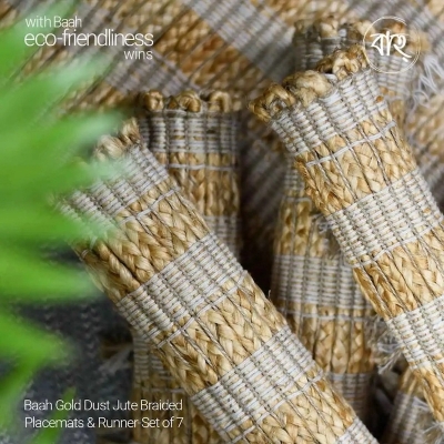 Picture of Baah Gold Dust Jute Braided Placemats & Runner-Set of 7-Gold