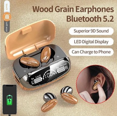 Picture of M35 Tws Wood Grain Bluetooth Earphone Led Display 9D Stereo Sound Music Headphone Wireless Earbuds Touch Control Sport Earphone With Mic - Bluetooth Headphone Black
