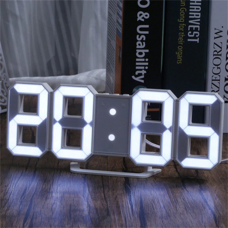 Picture of 3D LED Digital Clock Electronic Table Clock Alarm Clock Wall Glowing Hanging Clocks White