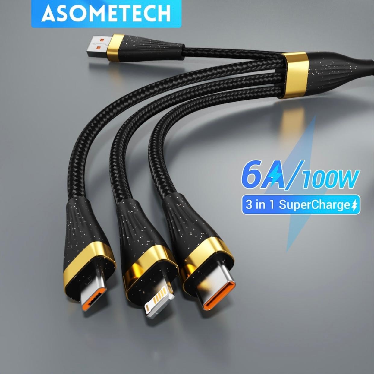 Picture of ASOMETECH 3 in 1 USB Charge Cable 6A 100W for Huawei/Honor Portable Micro USB TypeC.. Black