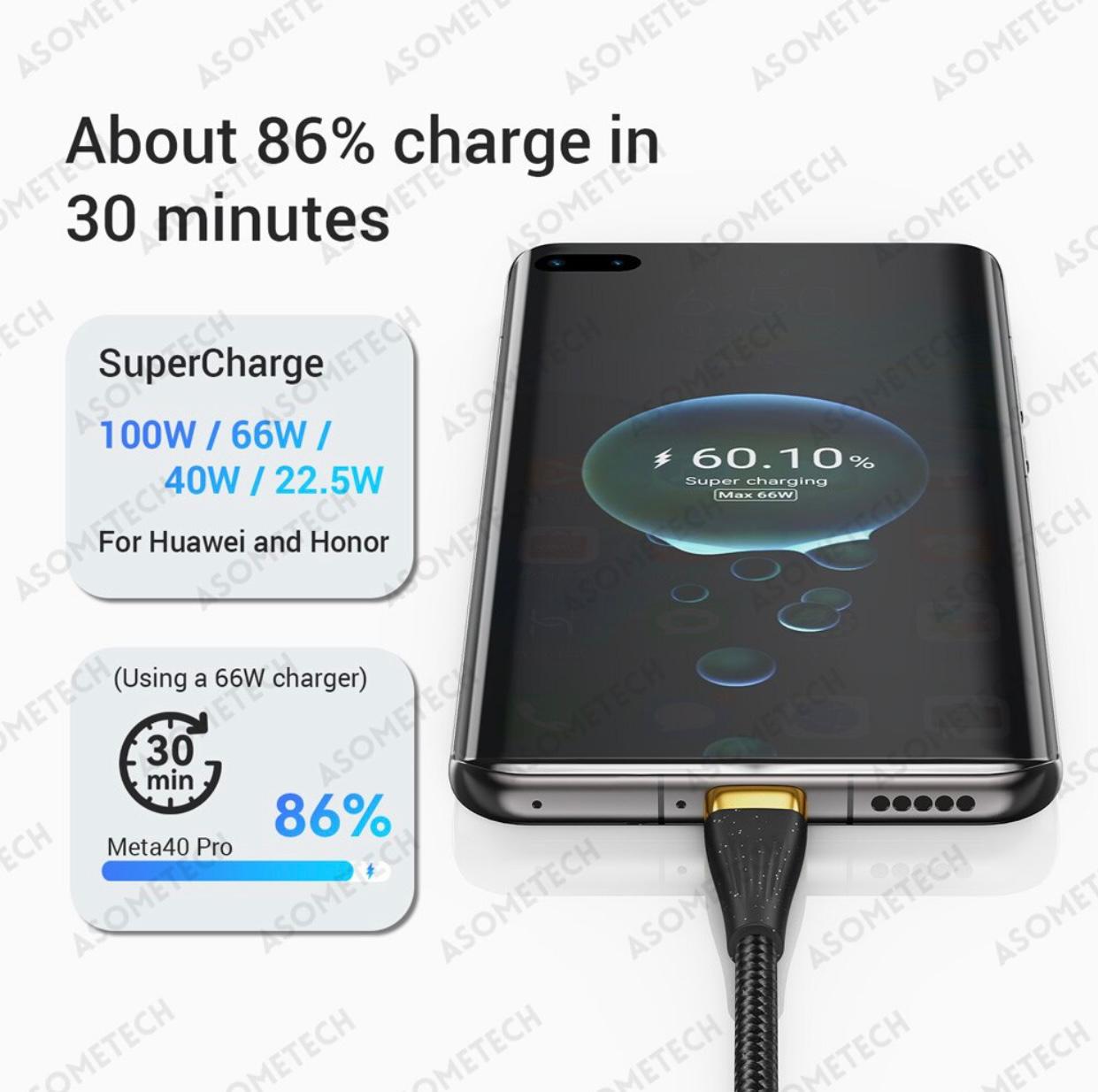 Picture of ASOMETECH 3 in 1 USB Charge Cable 6A 100W for Huawei/Honor Portable Micro USB TypeC.. Black