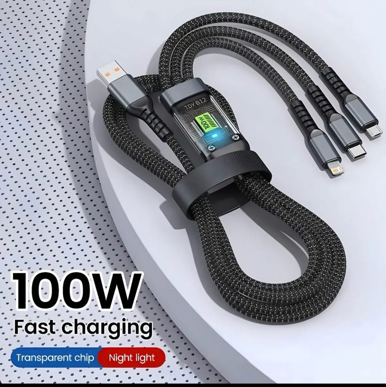 Picture of Three-in-one Charging Cable Fast Charging 3-in-1 Multi Charger Cable with Type-c Micro Usb Ports Universal Nylon Braided Cord for 100w Fast Charging Cable (Best Quality) Black