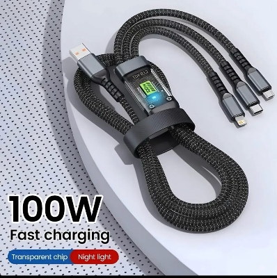 Picture of Three-in-one Charging Cable Fast Charging 3-in-1 Multi Charger Cable with Type-c Micro Usb Ports Universal Nylon Braided Cord for 100w Fast Charging Cable (Best Quality) Black