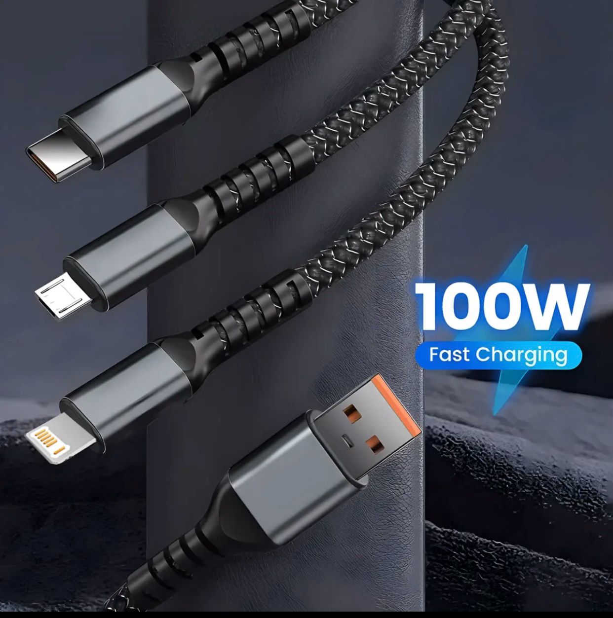 Picture of Three-in-one Charging Cable Fast Charging 3-in-1 Multi Charger Cable with Type-c Micro Usb Ports Universal Nylon Braided Cord for 100w Fast Charging Cable (Best Quality) Black