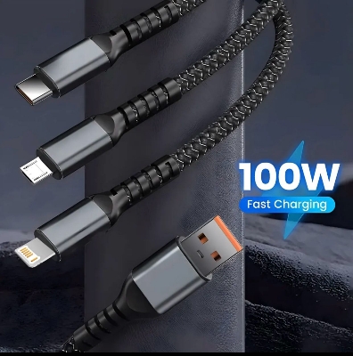 Picture of Three-in-one Charging Cable Fast Charging 3-in-1 Multi Charger Cable with Type-c Micro Usb Ports Universal Nylon Braided Cord for 100w Fast Charging Cable (Best Quality) Black