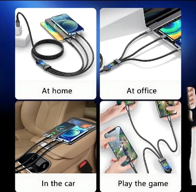 Picture of Three-in-one Charging Cable Fast Charging 3-in-1 Multi Charger Cable with Type-c Micro Usb Ports Universal Nylon Braided Cord for 100w Fast Charging Cable (Best Quality) Black