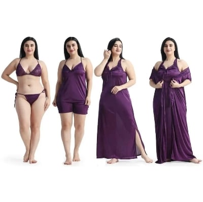 Picture of 6 part Night Dress Silk Color Nighty Comfort Sleeping Dress pink purple blue misty Red Color Indian Silk Super Soft and elegan night hot romantic dress for women bikini penty gaown semis pants tops nighty silk dress for girl 
