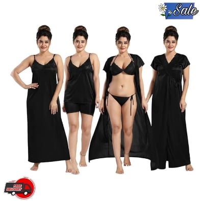 Picture of 6 part Night Dress Silk Color Nighty Comfort Sleeping Dress pink purple blue misty Red Color Indian Silk Super Soft and elegan night hot romantic dress for women bikini penty gaown semis pants tops nighty silk dress for girl 