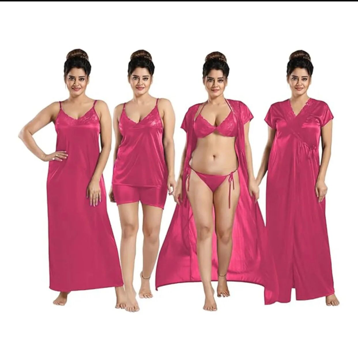 Picture of 6 part Night Dress Silk Color Nighty Comfort Sleeping Dress pink purple blue misty Red Color Indian Silk Super Soft and elegan night hot romantic dress for women bikini penty gaown semis pants tops nighty silk dress for girl 