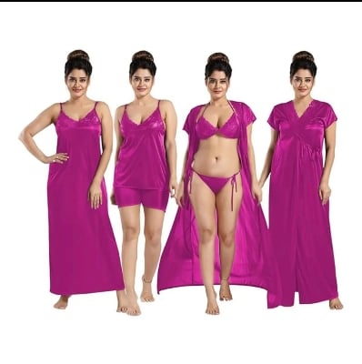 Picture of 6 part Night Dress Silk Color Nighty Comfort Sleeping Dress pink purple blue misty Red Color Indian Silk Super Soft and elegan night hot romantic dress for women bikini penty gaown semis pants tops nighty silk dress for girl 