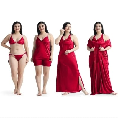 Picture of 6 part Night Dress Silk Color Nighty Comfort Sleeping Dress pink purple blue misty Red Color Indian Silk Super Soft and elegan night hot romantic dress for women bikini penty gaown semis pants tops nighty silk dress for girl 