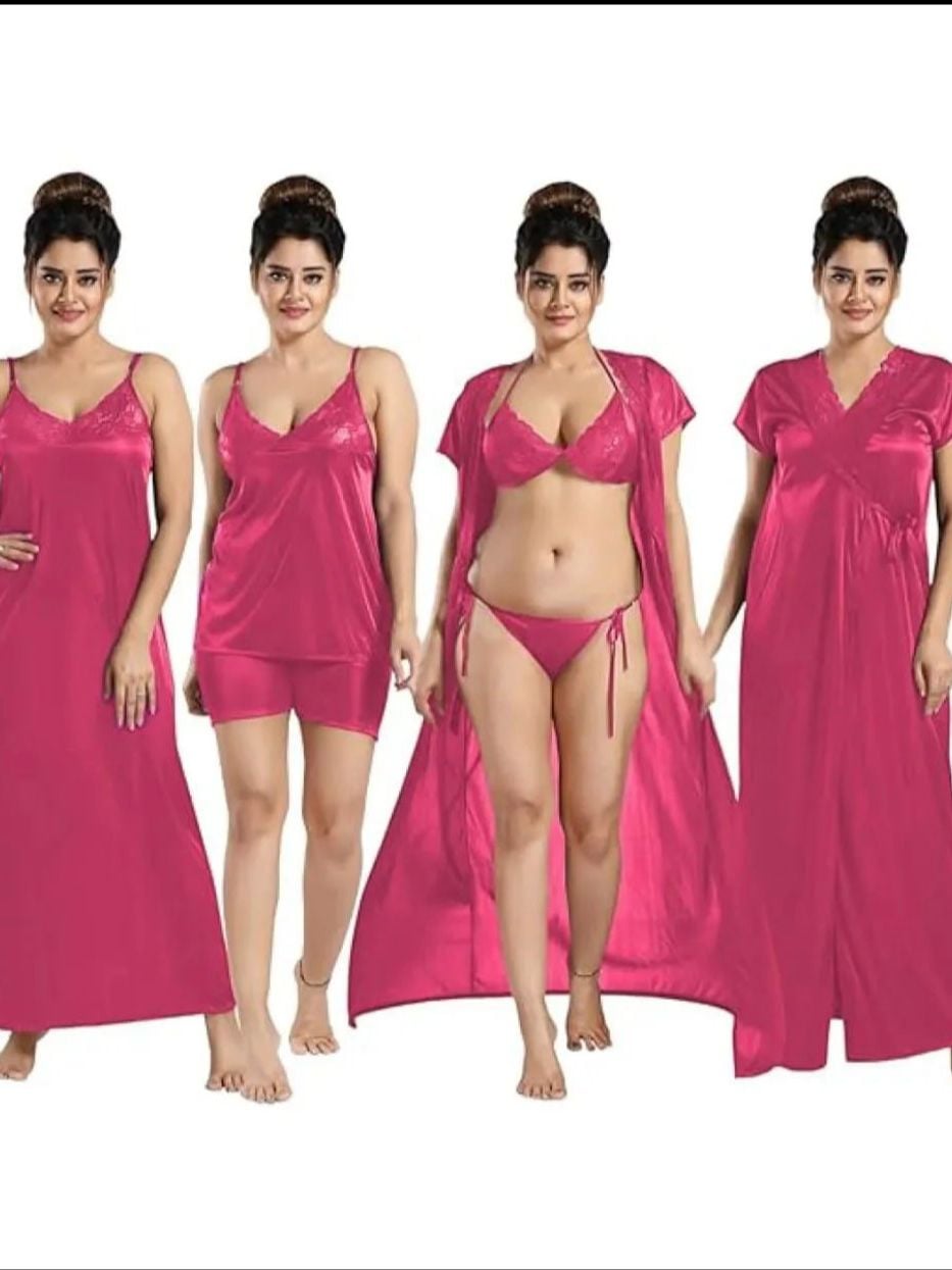 Picture of 6 part Night Dress Silk Color Nighty Comfort Sleeping Dress pink purple blue misty Red Color Indian Silk Super Soft and elegan night hot romantic dress for women bikini penty gaown semis pants tops nighty silk dress for girl 