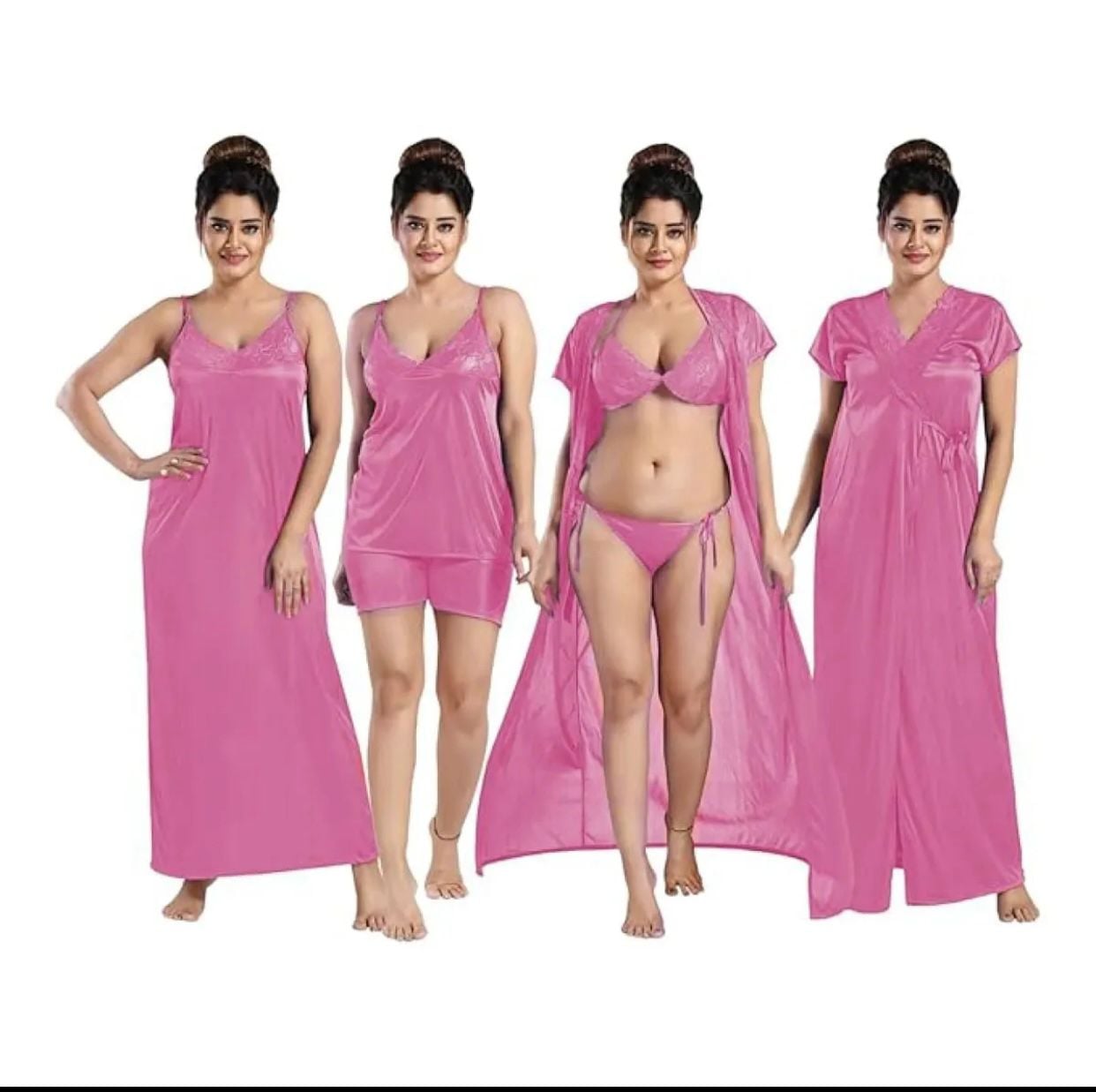 Picture of 6 part Night Dress Silk Color Nighty Comfort Sleeping Dress pink purple blue misty Red Color Indian Silk Super Soft and elegan night hot romantic dress for women bikini penty gaown semis pants tops nighty silk dress for girl 