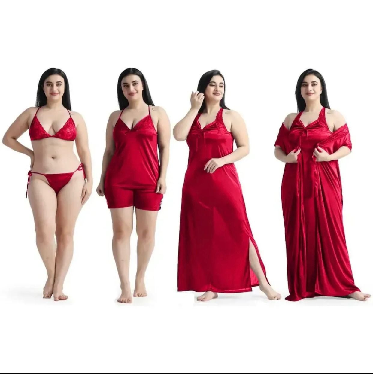 Picture of 6 part Night Dress Silk Color Nighty Comfort Sleeping Dress pink purple blue misty Red Color Indian Silk Super Soft and elegan night hot romantic dress for women bikini penty gaown semis pants tops nighty silk dress for girl 