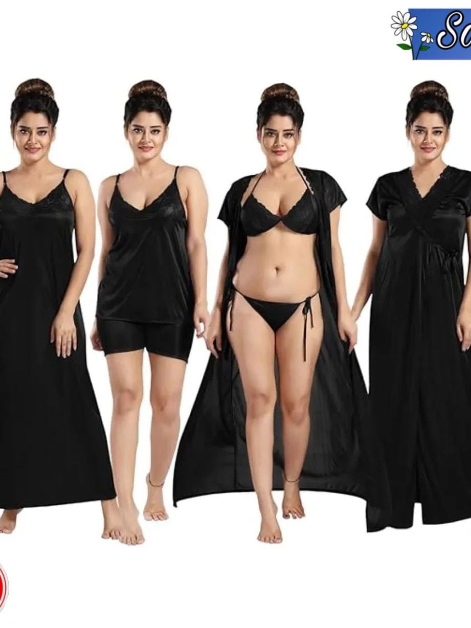 Picture of 6 part Night Dress Silk Color Nighty Comfort Sleeping Dress pink purple blue misty Red Color Indian Silk Super Soft and elegan night hot romantic dress for women bikini penty gaown semis pants tops nighty silk dress for girl 