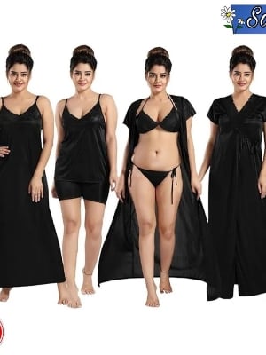 Picture of 6 part Night Dress Silk Color Nighty Comfort Sleeping Dress pink purple blue misty Red Color Indian Silk Super Soft and elegan night hot romantic dress for women bikini penty gaown semis pants tops nighty silk dress for girl 