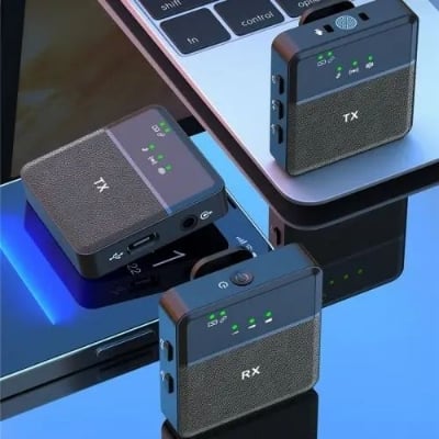 Picture of wireless microphone for PC / iPhone & USB C / camera (2 microphones 1 receiver) ultra-long life 360 ° intelligent noise reduction HD radio double vlog / live / video recording Black