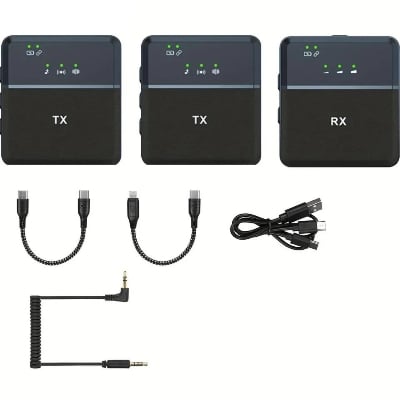 Picture of wireless microphone for PC / iPhone & USB C / camera (2 microphones 1 receiver) ultra-long life 360 ° intelligent noise reduction HD radio double vlog / live / video recording Black