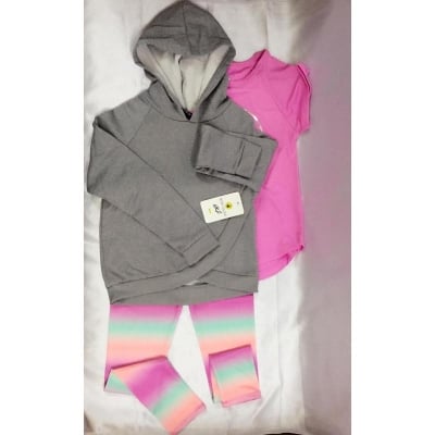 Picture of Comfortable Baby & Girls Winter Dress For 7 Years to 12 Years, 3pcs Set (Hoodies + T-Shirt + Leggings) - Ash & Pink
