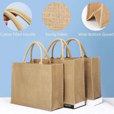 Picture of Jute Burlap Tote Bags Large Beach Bags for Women Tote Handbag Handmade Weaving Shoulder Bag with Reusable Grocery Shopping Bag Straw Bag Handles - Brown