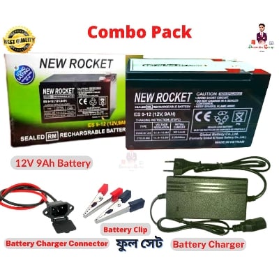 Picture of Reliable 12V 9Ah Battery with Charger - New Rocket Battery 12V 9Ah - Proudly Manufactured in Vietnam - Comprehensive Combo Package-Black