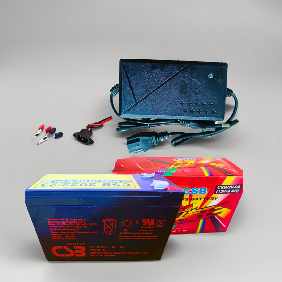Picture of CSB 12V 9Ah Battery With Charger -Combo Pack / CSB Lead Acid Battery With Charger + Socket + Clip / Dry Cell 12 Volt Battery With Charger-Black