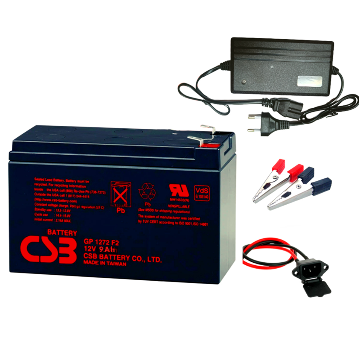 Picture of CSB 12V 9Ah Battery With Charger -Combo Pack / CSB Lead Acid Battery With Charger + Socket + Clip / Dry Cell 12 Volt Battery With Charger-Black