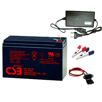 Picture of CSB 12V 9Ah Battery With Charger -Combo Pack / CSB Lead Acid Battery With Charger + Socket + Clip / Dry Cell 12 Volt Battery With Charger-Black