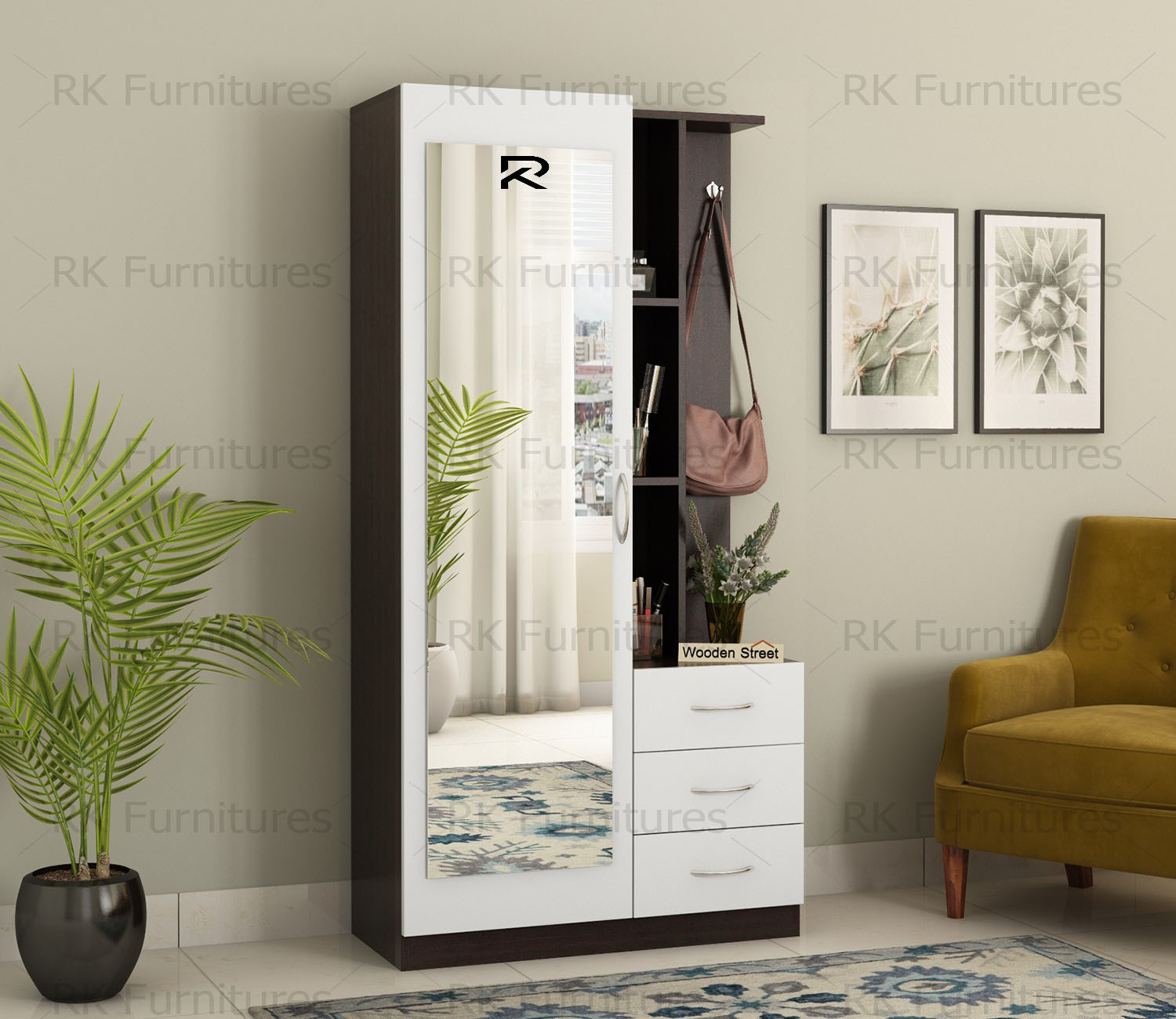 Picture of RK Melamine Laminated Board BOX Dressing Table With Shelves and Drawers Walnut -White Finish