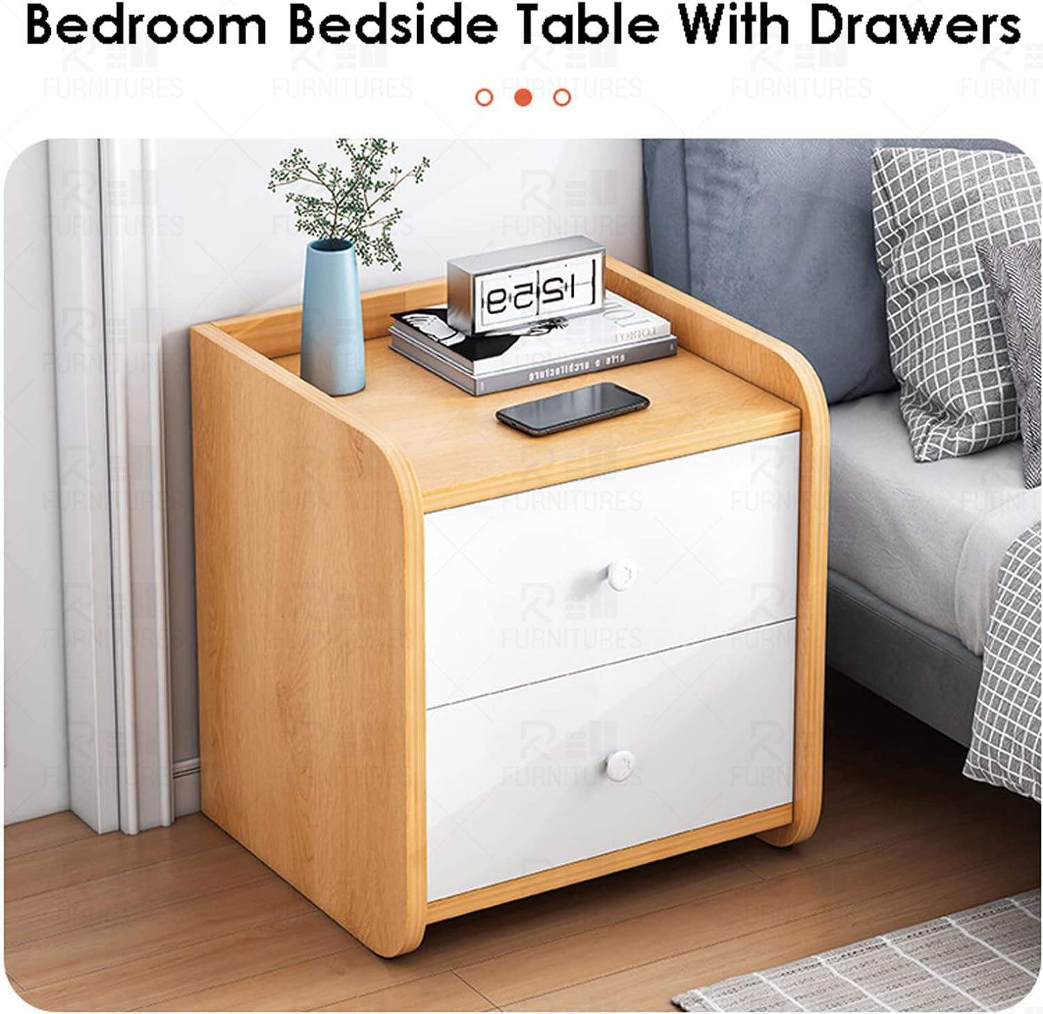 Picture of RK MDF Exclusive Bed Side Table With Drawers Beech White Finish