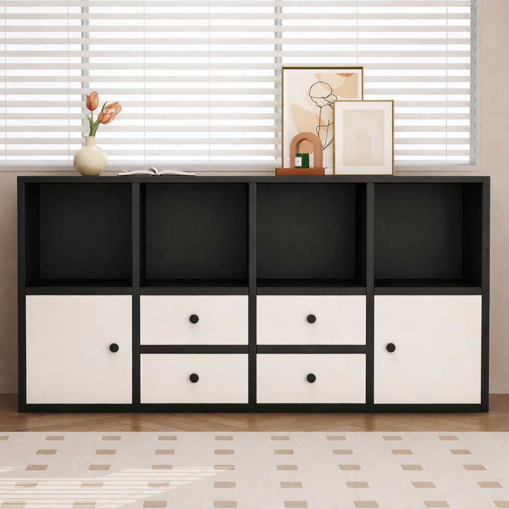 Picture of RK Engineered Wood Bookshelf Storage Cabinet Organizer Shelf Multi Storage Space Wooden Rack Display Shelf With Door and Drawers. Size: L48 XH24