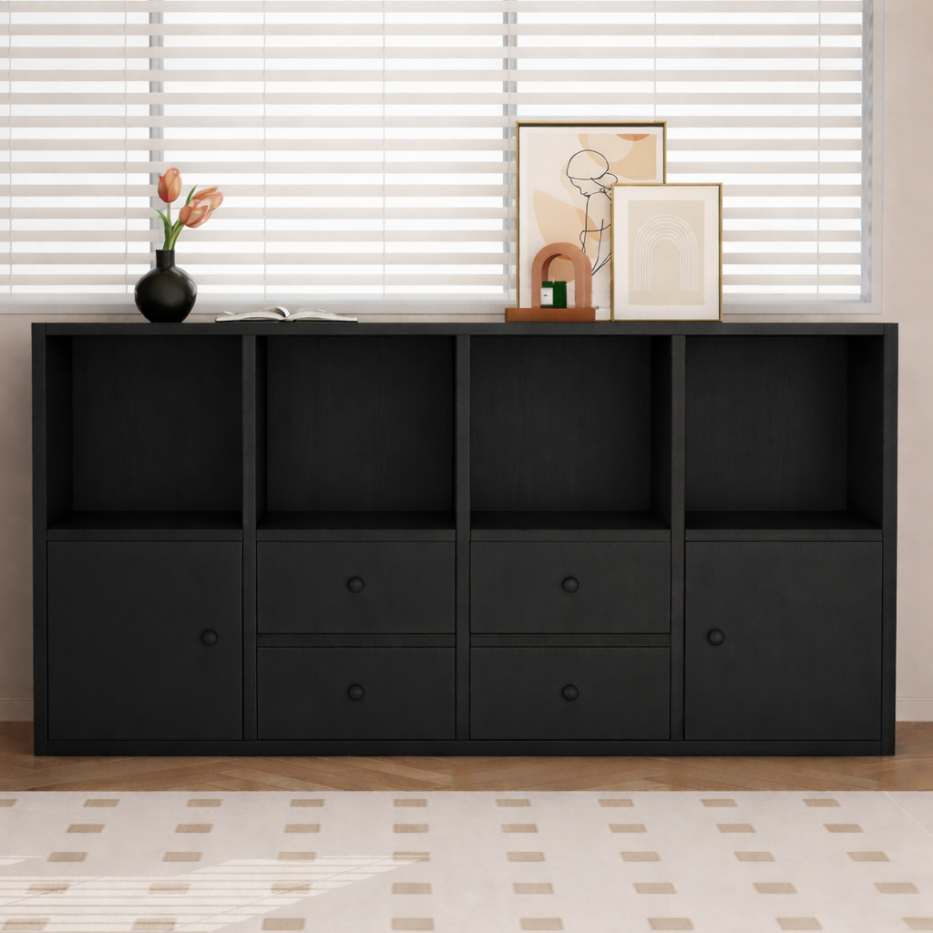 Picture of RK Engineered Wood Bookshelf Storage Cabinet Organizer Shelf Multi Storage Space Wooden Rack Display Shelf With Door and Drawers. Size: L48 XH24