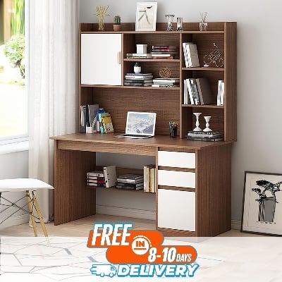 Picture of RK Modern Home Office Desk with Storage Shelf, Writing Desk Study Table Workstation with Hutch and Bookshelf, Wood Computer Desk with Drawers and Shelves