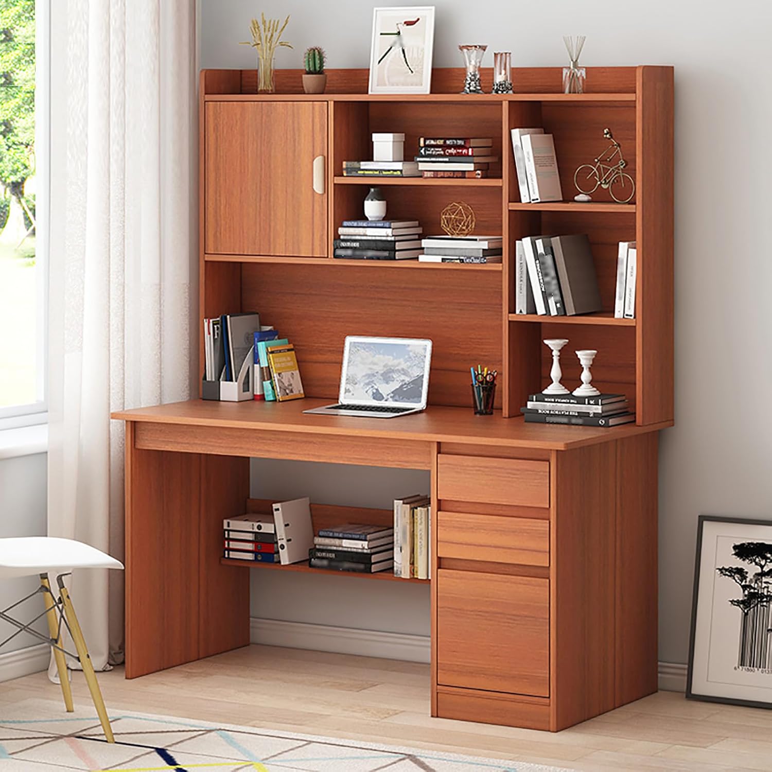 Picture of RK Modern Home Office Desk with Storage Shelf, Writing Desk Study Table Workstation with Hutch and Bookshelf, Wood Computer Desk with Drawers and Shelves
