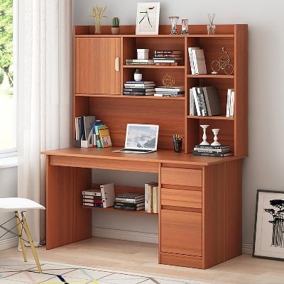 Picture of RK Modern Home Office Desk with Storage Shelf, Writing Desk Study Table Workstation with Hutch and Bookshelf, Wood Computer Desk with Drawers and Shelves