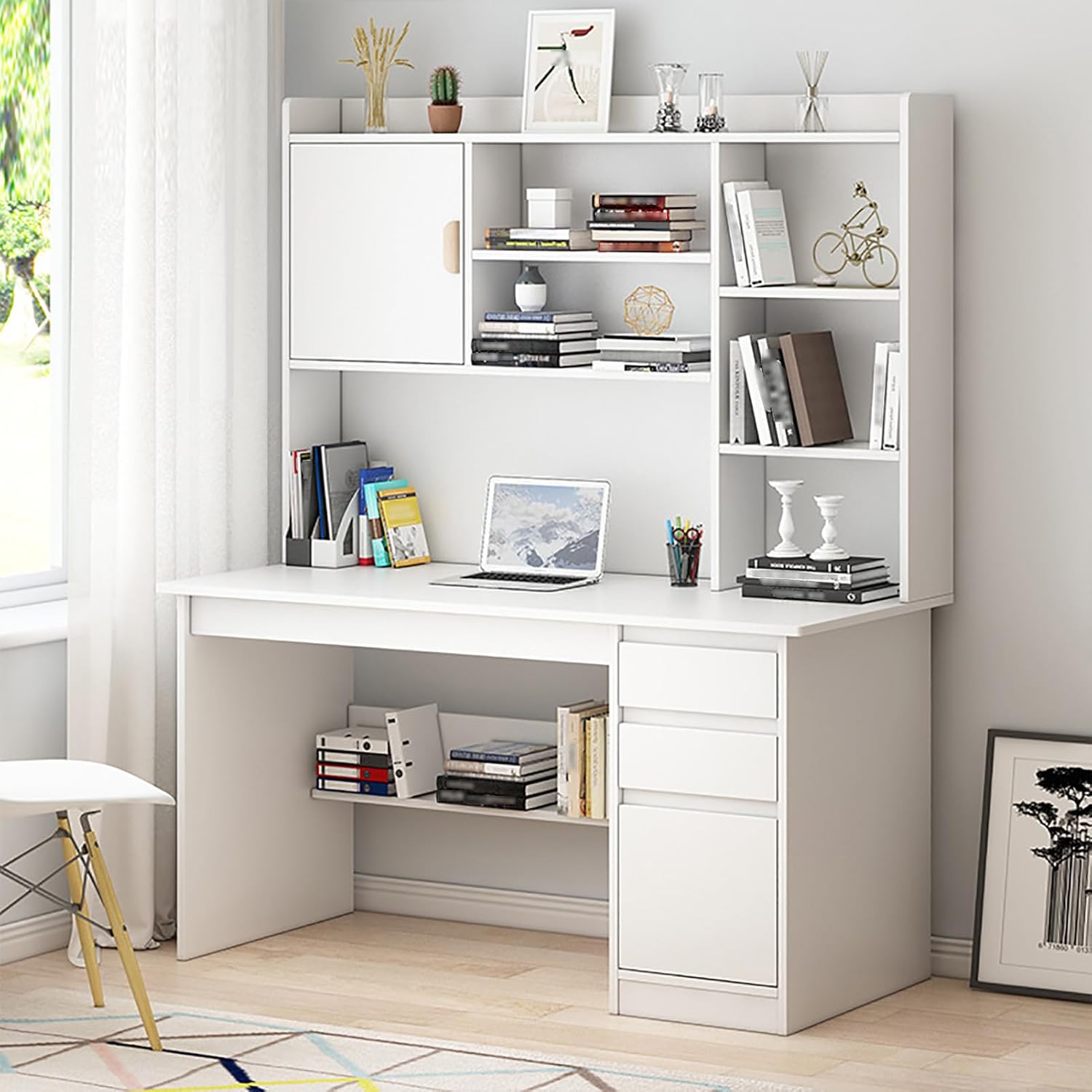Picture of RK Modern Home Office Desk with Storage Shelf, Writing Desk Study Table Workstation with Hutch and Bookshelf, Wood Computer Desk with Drawers and Shelves