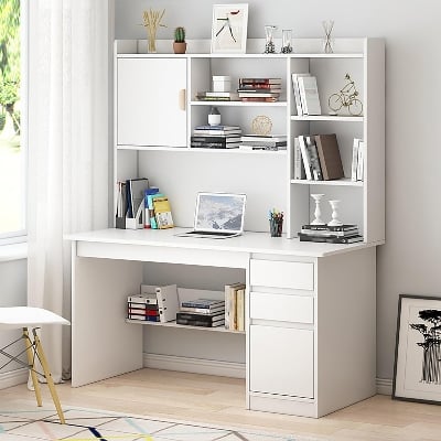 Picture of RK Modern Home Office Desk with Storage Shelf, Writing Desk Study Table Workstation with Hutch and Bookshelf, Wood Computer Desk with Drawers and Shelves