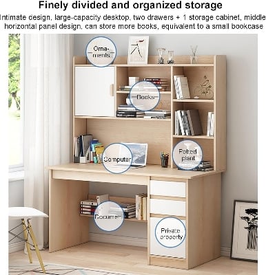 Picture of RK Modern Home Office Desk with Storage Shelf, Writing Desk Study Table Workstation with Hutch and Bookshelf, Wood Computer Desk with Drawers and Shelves