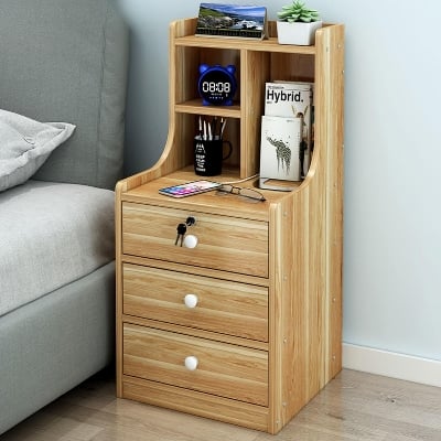 Picture of RK MDF M11 3 Drawer Exclusive Bed Side Table With Drawers Shan Teak, White and Beige Finish