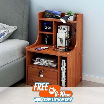 Picture of RK MDF M12 1 Drawer Exclusive Bed Side Table With Drawers Shan Teak, White and Beige Finish