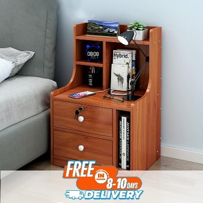 Picture of RK MDF M13 2 Drawers Exclusive Bed Side Table With Drawers Shan Teak, White and  Beige Finish