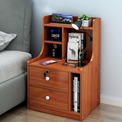 Picture of RK MDF M13 2 Drawers Exclusive Bed Side Table With Drawers Shan Teak, White and  Beige Finish