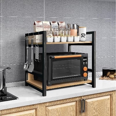 Picture of RK 2 Layer Multifunctional Rack | Kitchen Storage Shelf, Microwave Stand, Cosmetic Shelf Rack | Floor-Mount Shelf with Black Pipe Design | Crafted with Engineered Wood & Metal