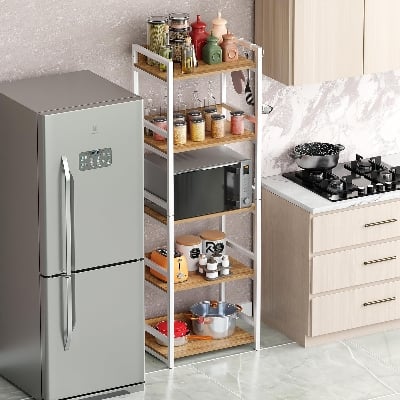 Picture of RK 5 Layer Multifunctional Rack | Kitchen Storage Shelf, Microwave Stand, Cosmetic Shelf Rack | Floor-Mount Shelf with Black Pipe Design | Crafted with Engineered Wood & Metal-White & Beige  Finish