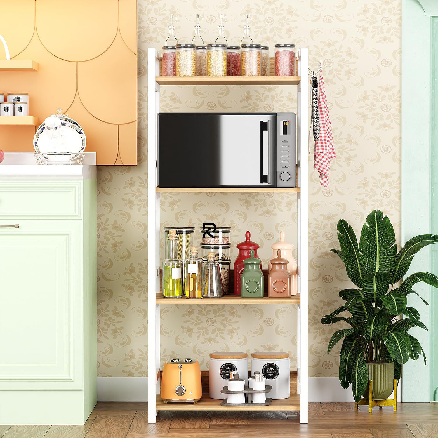 Picture of RK 4 Layer Multifunctional Rack | Kitchen Storage Shelf, Microwave Stand, Cosmetic Shelf Rack | Floor-Mount Shelf with Black Pipe Design | Crafted with Engineered Wood & Metal-White & Beige  Finish