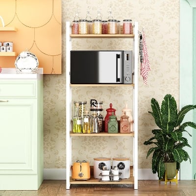 Picture of RK 4 Layer Multifunctional Rack | Kitchen Storage Shelf, Microwave Stand, Cosmetic Shelf Rack | Floor-Mount Shelf with Black Pipe Design | Crafted with Engineered Wood & Metal-White & Beige  Finish