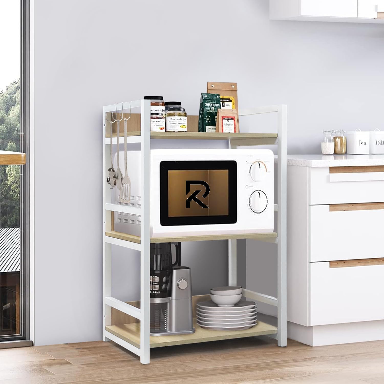 Picture of RK 3 Layer Multifunctional  Metal Rack | Kitchen Storage Shelf, Microwave Stand, Cosmetic Shelf Rack | Floor-Mount Shelf with Black Pipe Design | Crafted with Engineered Wood  &  Metal-White  &  Beige  Finish