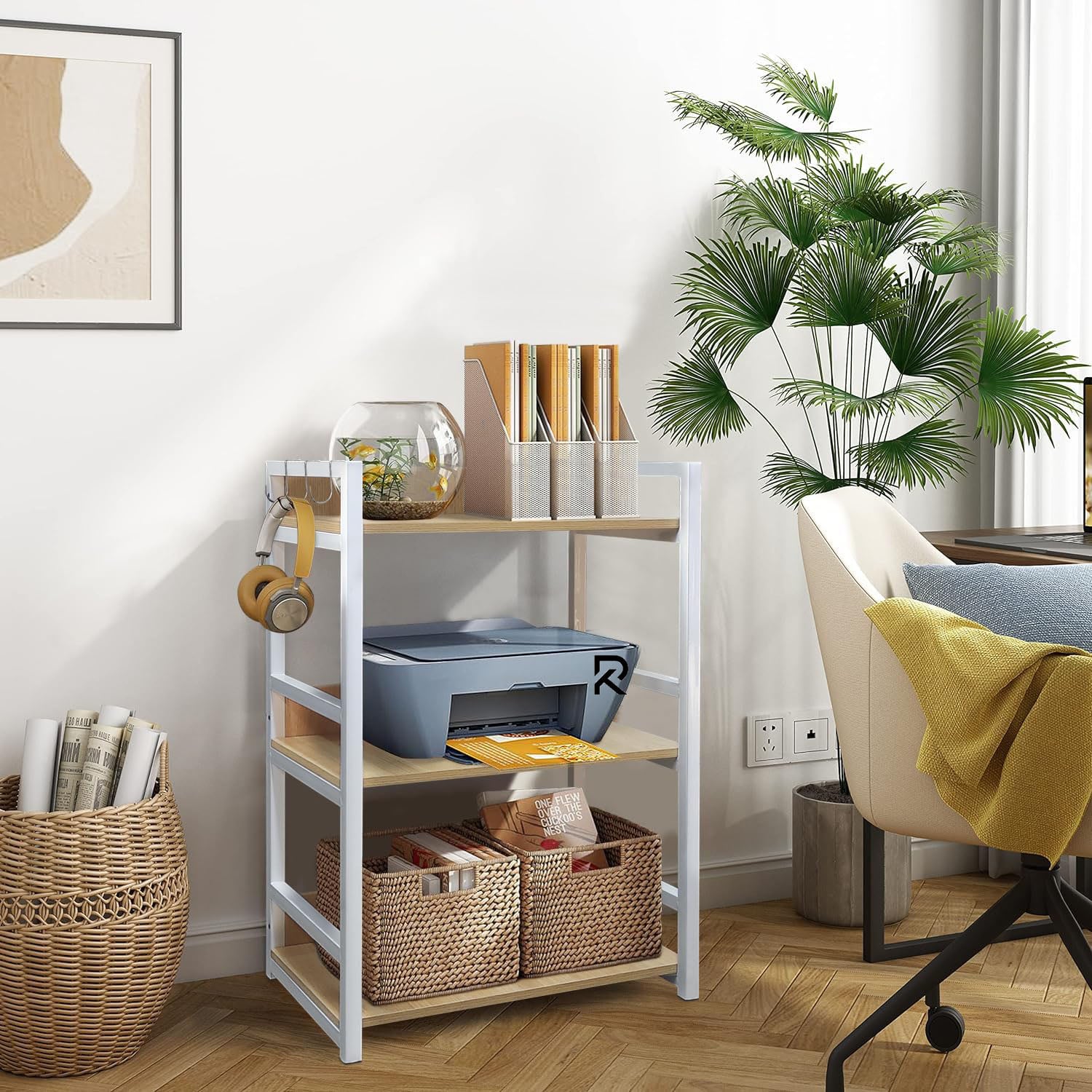 Picture of RK 3 Layer Multifunctional  Metal Rack | Kitchen Storage Shelf, Microwave Stand, Cosmetic Shelf Rack | Floor-Mount Shelf with Black Pipe Design | Crafted with Engineered Wood  &  Metal-White  &  Beige  Finish